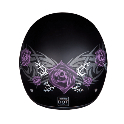 D6-PR DOT Approved Daytona Motorcycle Half Face Helmet - Skull Cap Graphics for Men & Women, Scooters, ATVs, UTVs & Choppers - W/ Purple Rose