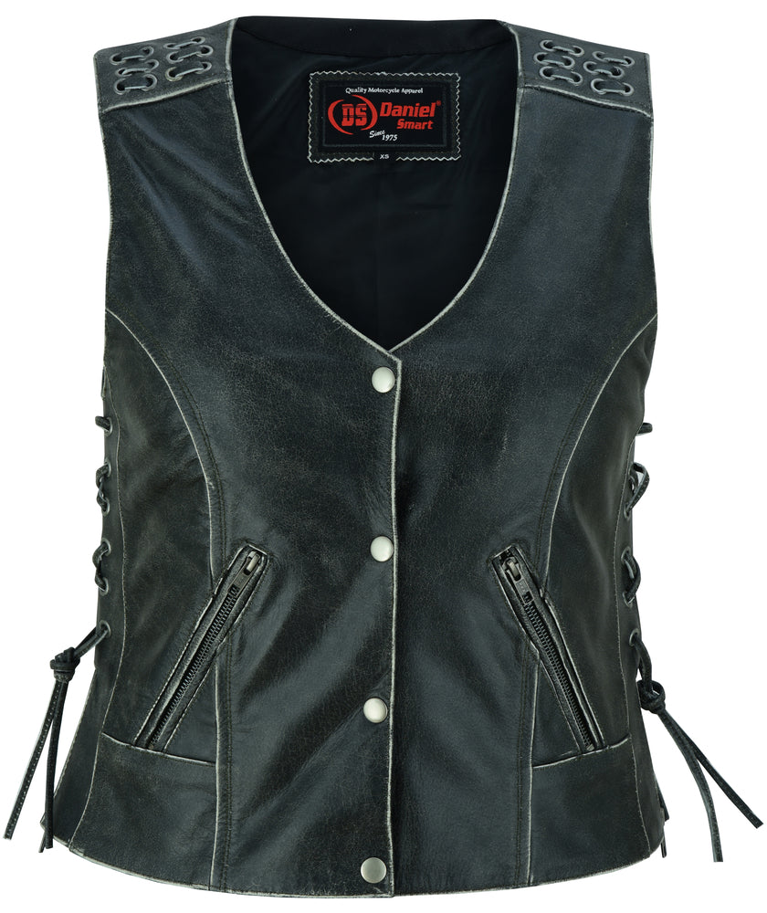 DS285V Women's Gray Vest with Grommet and Lacing Accents