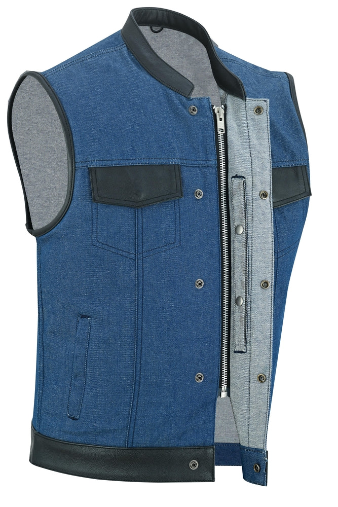 DM961 Men's Broken Blue RoughRub-Off Raw Finish Denim Vest W/Leather