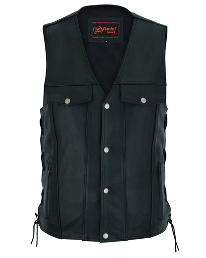 DS124 Men's Black Leather Vest with Side Laces and Gun Pockets