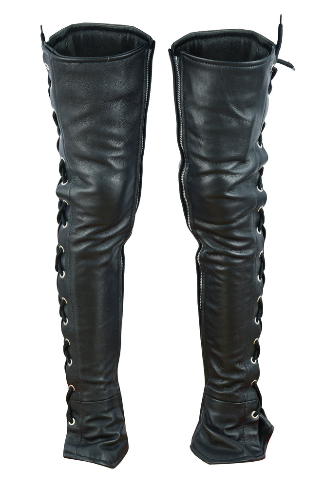 DS422 Womens Black Thigh High Leather Side Lace Leggings