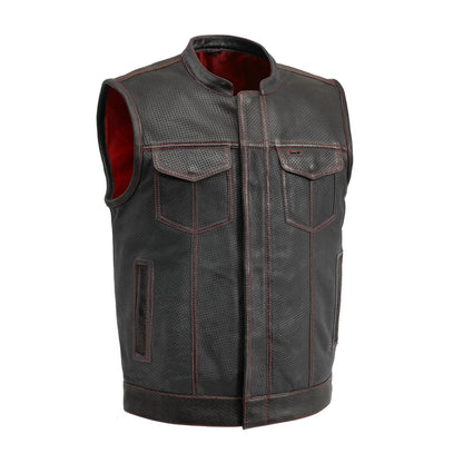 FIM689PERF-BLKRD-Sharp Shooter Perforated Men's Motorcycle Leather Vest